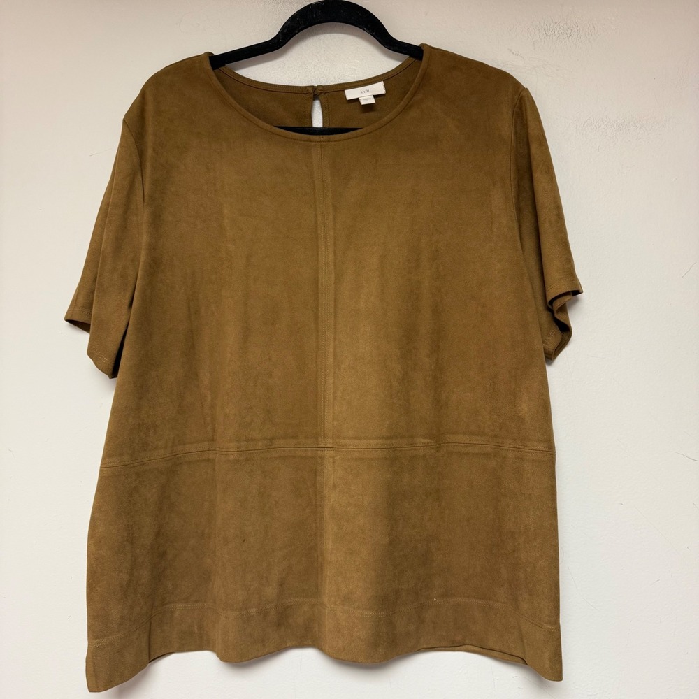 J. Jill Faux Suede Top Women XL Brown Excellent Short Sleeve Crew Neck 8728